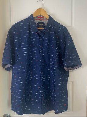 Point Zero Men’s XXL Navy Short-Sleeve Button-Down Shirt with Shark Print